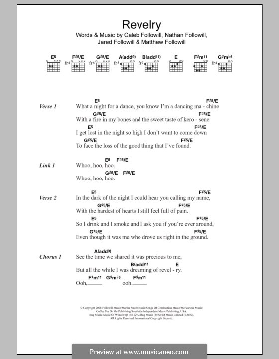 Revelry (Kings of Leon): Lyrics and chords by Anthony Caleb Followill, Jared Followill, Matthew Followill, Nathan Followill