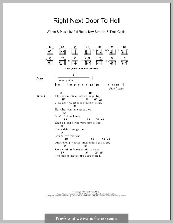 Right Next Door to Hell (Guns N' Roses): Lyrics and chords by W. Axl Rose, Izzy Stradlin, Timo Caltio