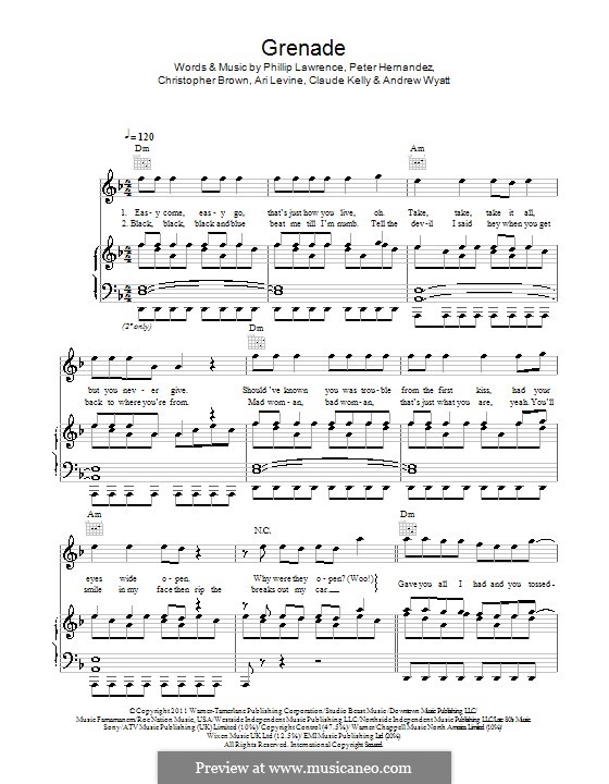 Grenade: For voice and piano (or guitar) by Andrew Wyatt, Ari Levine, Christopher Steven Brown, Claude Kelly, Bruno Mars, Philip Lawrence