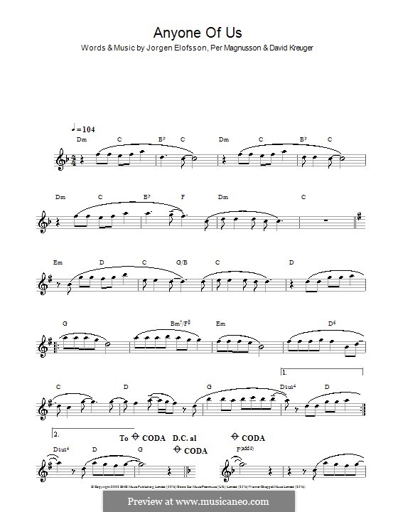 Anyone of Us (Stupid Mistake): For flute (Gareth Gates) by David Kreuger, Jörgen Kjell Elofsson, Per Magnusson