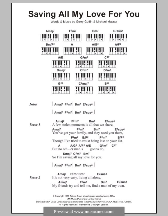 Saving All My Love for You (Whitney Houston): Lyrics and piano chords by Gerry Goffin, Michael Masser