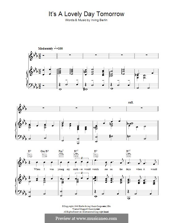 It's a Lovely Day Tomorrow: For voice and piano (or guitar) by Irving Berlin