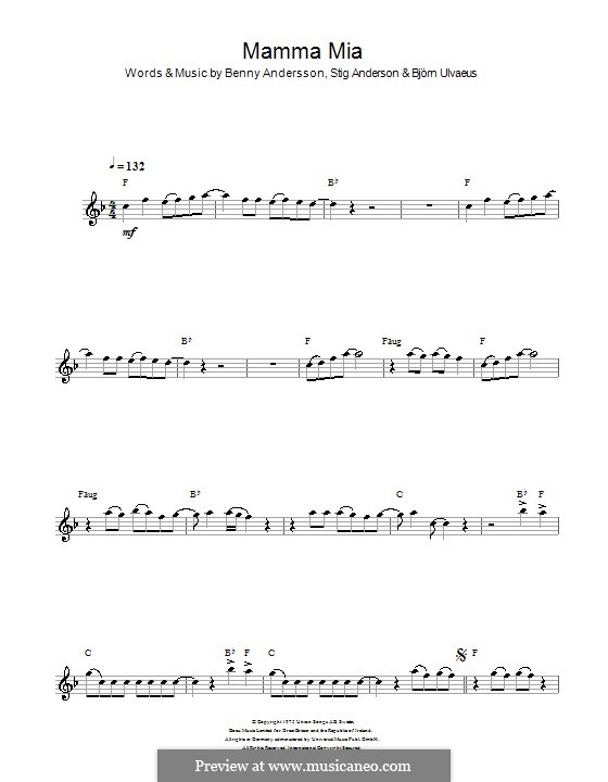 Mamma Mia (ABBA): For flute (F Major) by Benny Andersson, Björn Ulvaeus, Stig Anderson
