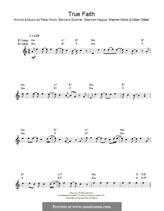 True Faith (New Order): For saxophone by Bernard Sumner, Gillian Gilbert, Peter Hook, Stephen Hague, Stephen Morris