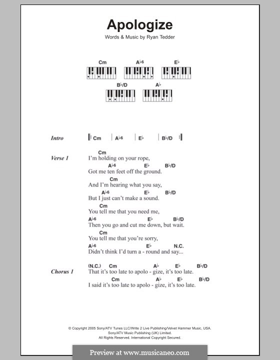 Apologize (OneRepublic): Lyrics and chords by Ryan B Tedder