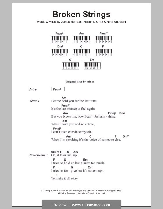 Broken Strings (James Morrison feat. Nelly Furtado): Lyrics and piano chords by Fraser T. Smith, James Morrison, Nina Woodford