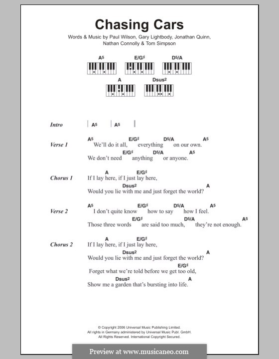 Chasing Cars (Snow Patrol): Lyrics and piano chords by Gary Lightbody, Jonathan Quinn, Nathan Connolly, Paul Wilson, Tom Simpson
