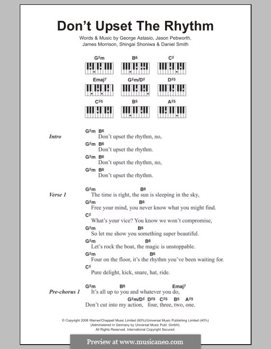 Don't Upset the Rhythm (Noisettes): Lyrics and piano chords by Daniel Smith, George Astasio, James Morrison, Jason Pebworth, Shingai Shoniwa