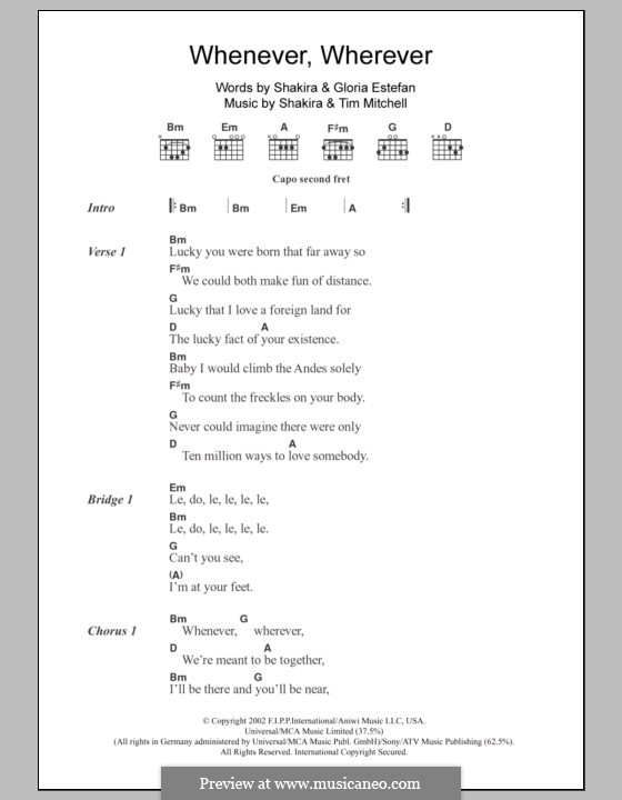 Whenever, Wherever: Lyrics and chords by Shakira, Tim Mitchell