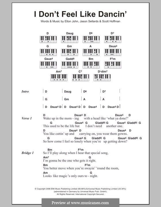 I don't Feel Like Dancin' (Scissor Sisters): Lyrics and piano chords by Elton John, Jason Sellards, Scott Hoffman