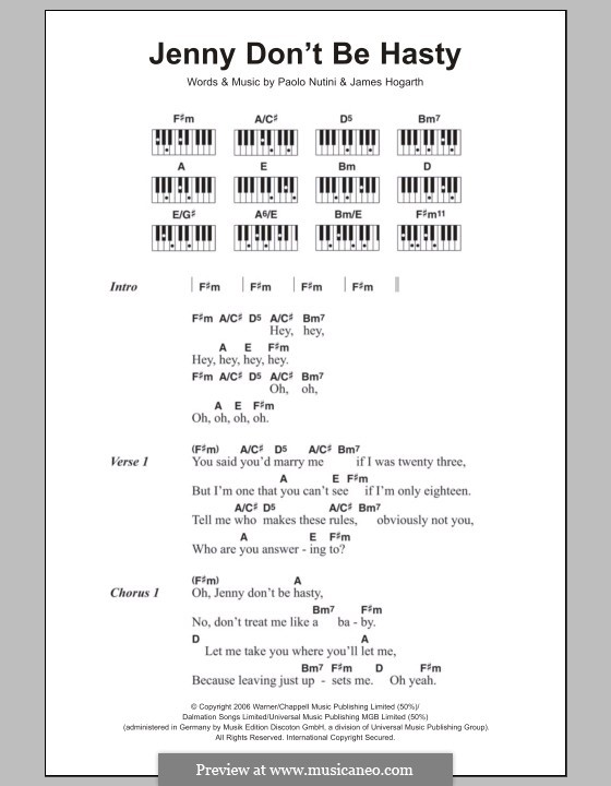 Jenny Don't Be Hasty: Lyrics and piano chords by Jimmy Hogarth, Paolo Nutini