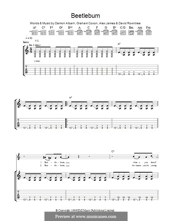 Beetlebum (Blur): For guitar with tab by Alex James, Damon Albarn, David Rowntree, Graham Coxon