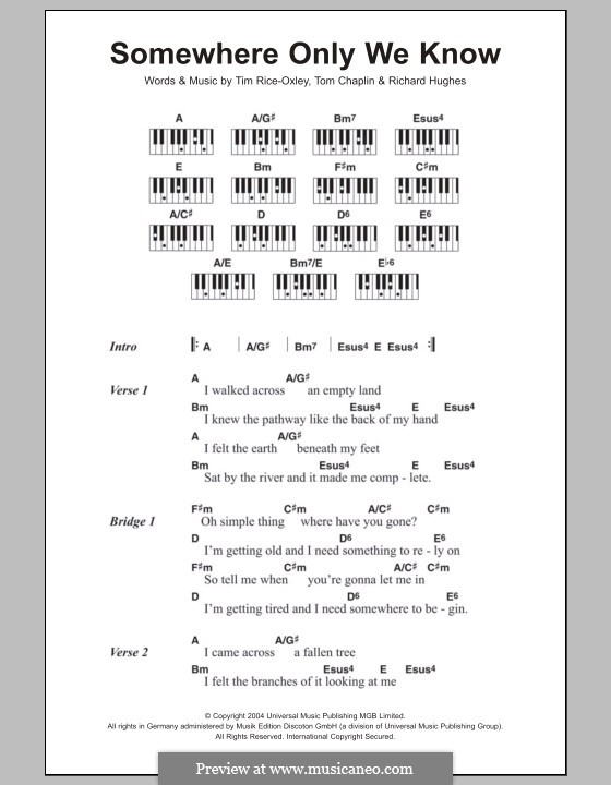 Somewhere Only We Know (Keane): Lyrics and piano chords by Richard Hughes, Tim Rice-Oxley, Tom Chaplin