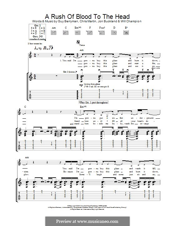 A Rush of Blood to the Head (Coldplay): For guitar with tabulature by Chris Martin, Guy Berryman, Jonny Buckland, Will Champion
