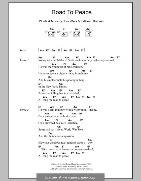 Road to Peace: Lyrics and chords by Kathleen Brennan, Tom Waits