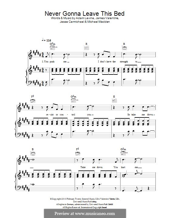 Never Gonna Leave This Bed (Maroon 5): For voice and piano (or guitar) by Adam Levine