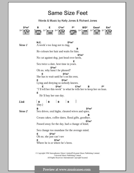 Same Size Feet (Stereophonics): Lyrics and chords by Kelly Jones, Richard Jones