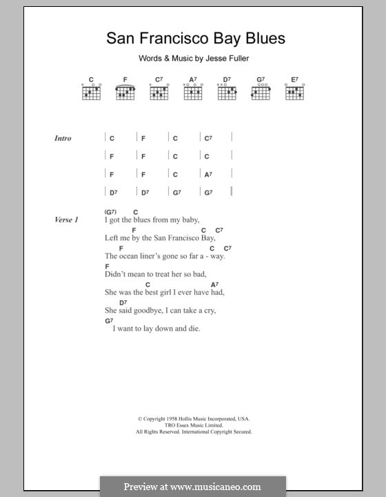 San Francisco Bay Blues: Lyrics and chords by Jesse Fuller