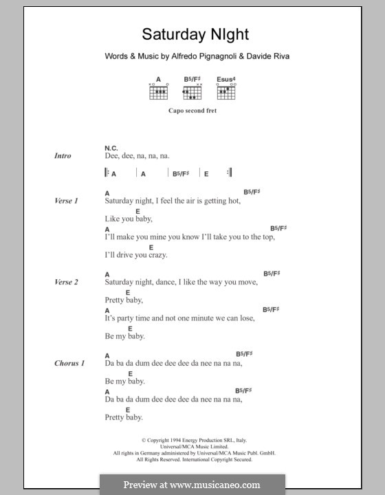 Saturday Night (Whigfield): Lyrics and chords by Alfredo Pignagnoli, Davide Riva