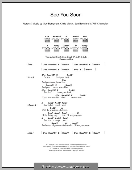 See You Soon (Coldplay): Lyrics and chords by Chris Martin, Guy Berryman, Jonny Buckland, Will Champion