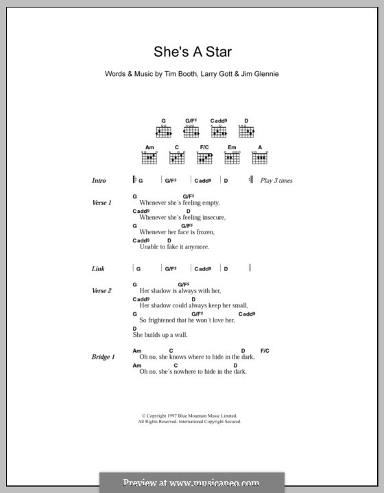 She's a Star (James): Lyrics and chords by James Glennie, Jim Glennie, Lawrence Gott, Tim Booth