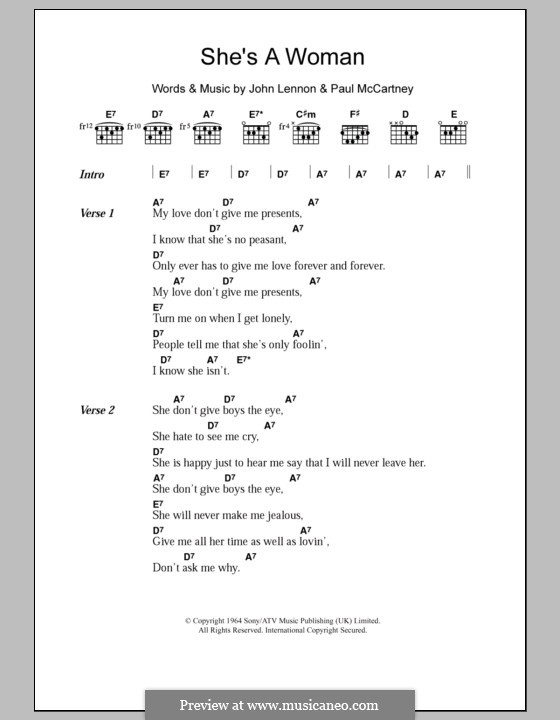 She's a Woman (The Beatles): Lyrics and chords by John Lennon, Paul McCartney