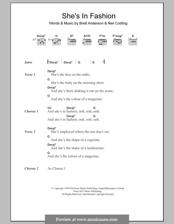 She's in Fashion (Suede): Lyrics and chords by Brett Anderson, Neil Codling