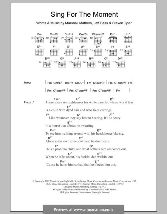 Sing for the Moment (Eminem): Lyrics and chords by Jeffrey Bass, Marshall Mathers, Steven Tyler