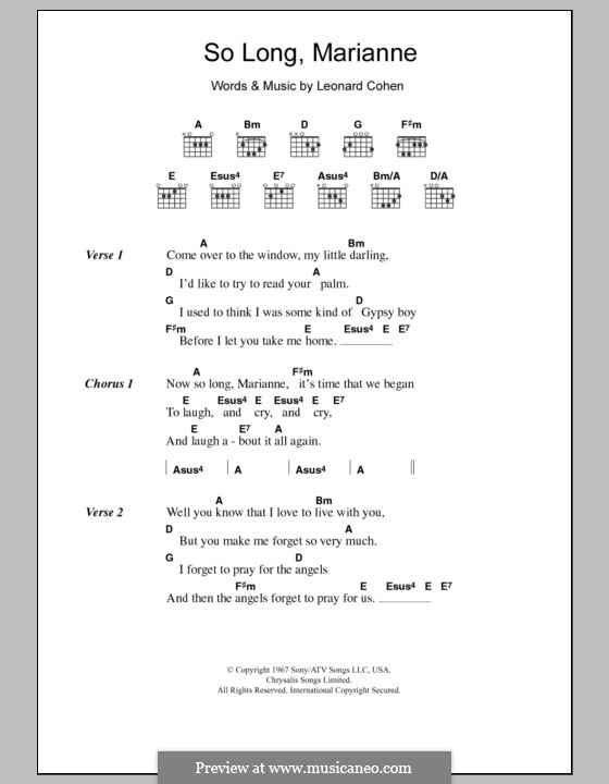 So Long, Marianne: Lyrics and chords by Leonard Cohen