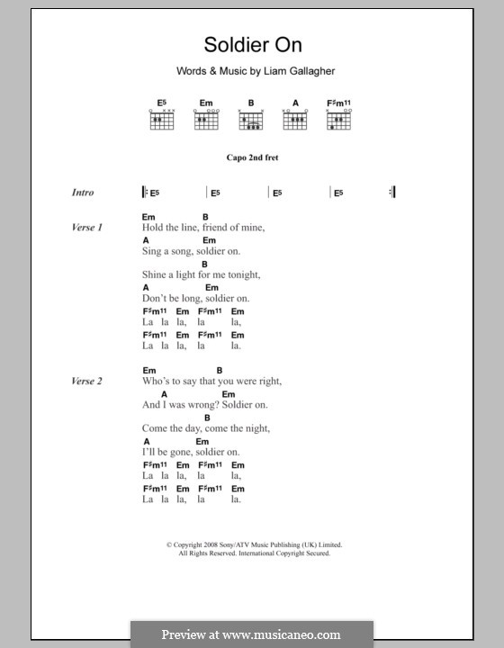 Soldier On (Oasis) by L. Gallagher sheet music on MusicaNeo