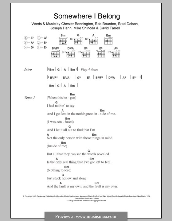 Somewhere I Belong (Linkin Park): Lyrics and chords by Brad Delson, Charles Bennington, David Farrell, Joseph Hahn, Mike Shinoda, Rob Bourdon