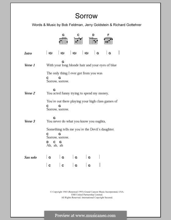 Sorrow (David Bowie): Lyrics and chords by Jerry Goldstein, Richard Gottehrer, Robert Feldman