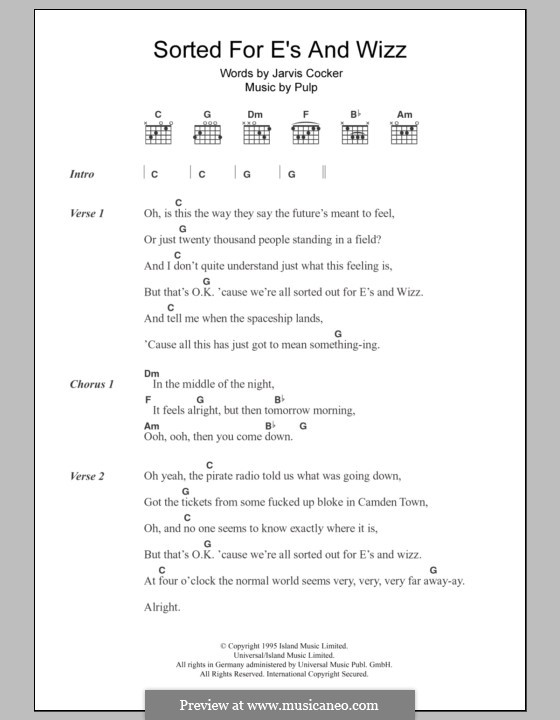 Sorted for E's and Wizz: Lyrics and chords by Pulp