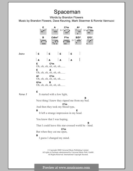 Spaceman (The Killers): Lyrics and chords by Brandon Flowers, Dave Keuning, Mark Stoermer, Ronnie Vannucci