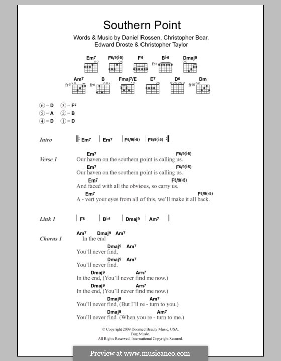 Southern Point (Grizzly Bear): Lyrics and chords by Christopher Bear, Christopher Taylor, Daniel Rossen, Edward Droste