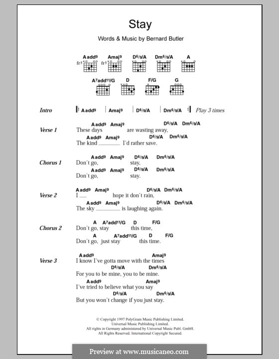 Stay: Lyrics and chords by Bernard Butler