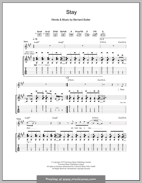 Stay: For guitar with tab by Bernard Butler