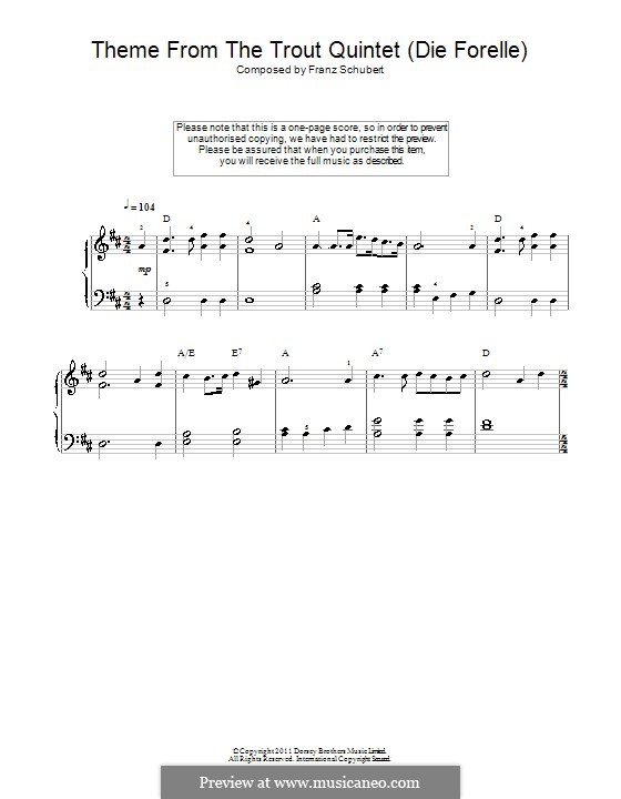 Quintet for Strings and Piano 'The Trout', D.667 Op.114: Movement IV (Theme). Version for easy piano by Franz Schubert