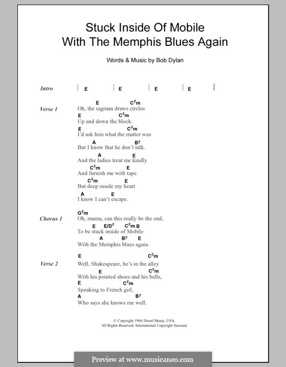 Stuck Inside of Mobile with the Memphis Blues Again: Lyrics and chords by Bob Dylan