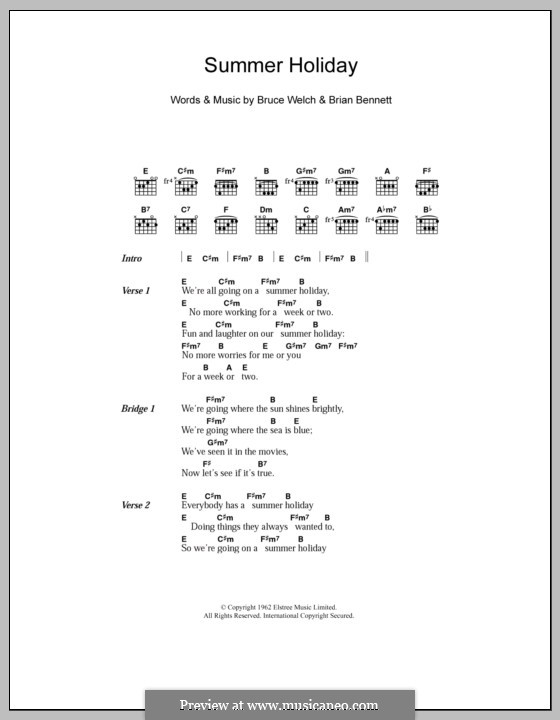 Summer Holiday (Cliff Richard): Lyrics and chords by Brian Bennett, Bruce Welch