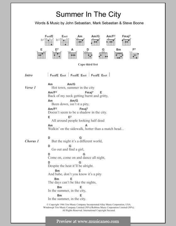 Summer in the City (The Lovin' Spoonful): Lyrics and chords by John B. Sebastian, Mark Sebastian, Steve Boone