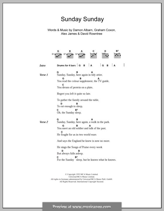 Sunday Sunday (Blur): Lyrics and chords by Alex James, Damon Albarn, David Rowntree, Graham Coxon