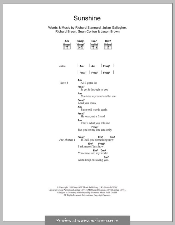 Sunshine (Five): Lyrics and chords by Jason Brown, Julian Gallagher, Richard Breen, Richard Stannard, Sean Conlon