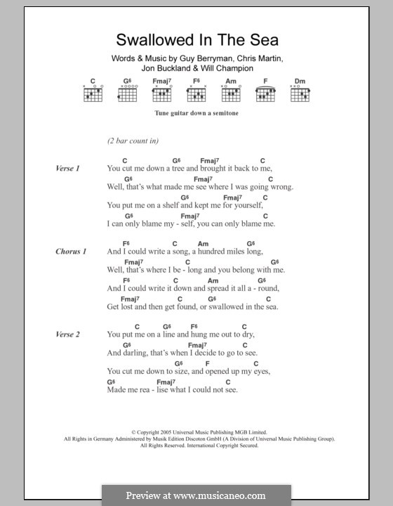 Swallowed in the Sea (Coldplay): Lyrics and chords by Chris Martin, Guy Berryman, Jonny Buckland, Will Champion