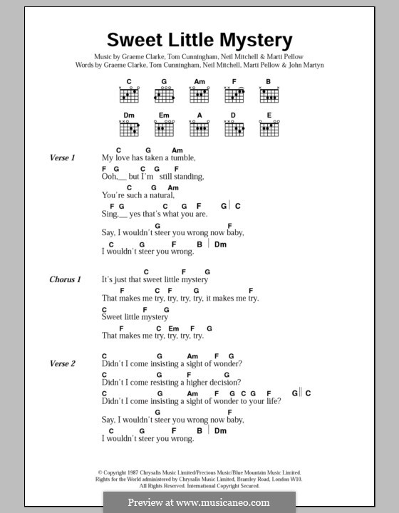 Sweet Little Mystery (Wet Wet Wet): Lyrics and chords by Graeme Clark, Tom Cunningham, Marti Pellow, John Martyn, Neil Mitchell