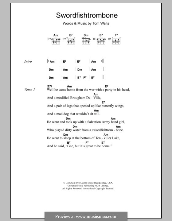 Swordfishtrombone: Lyrics and chords by Tom Waits