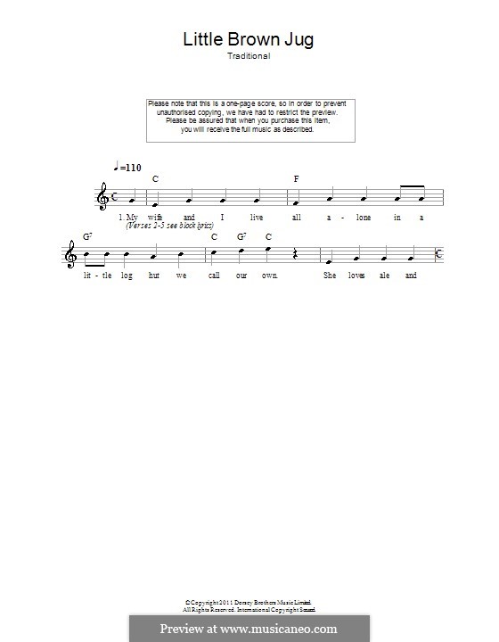 Little Brown Jug: Melody line, lyrics and chords by folklore