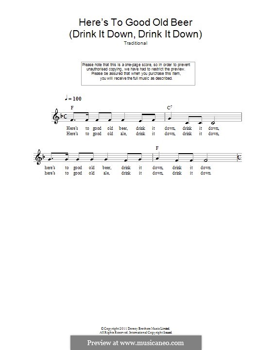 Here's to Good Old Beer (Drink It Down, Drink It Down): Melody line, lyrics and chords by folklore