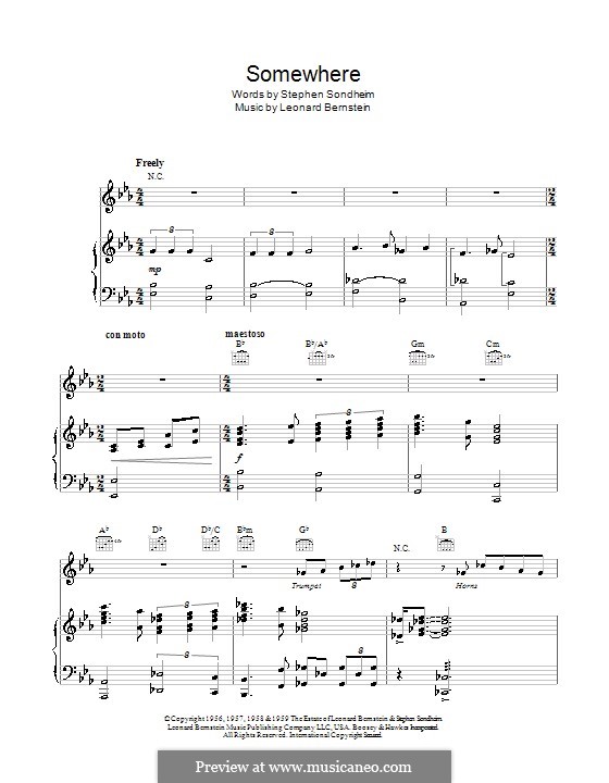 Somewhere (from West Side Story): For voice and piano (or guitar) by Leonard Bernstein