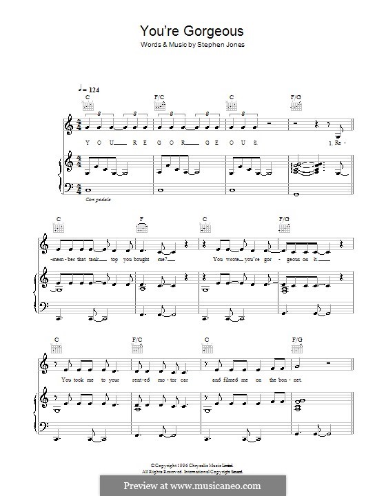 You're Gorgeous (Babybird): For voice and piano (or guitar) by Stephen Jones